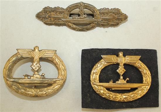 A German Third Reich close combat U boat badge & 2 others